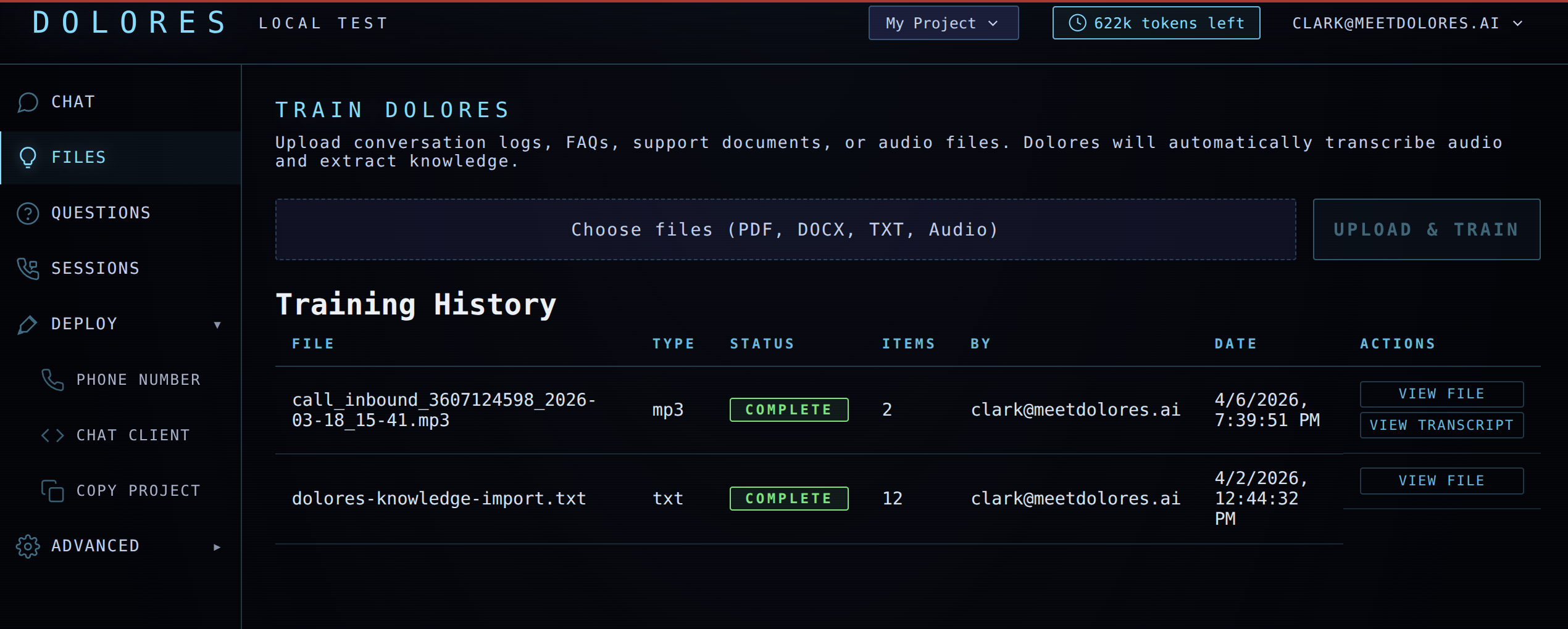 Dolores admin portal showing the training dashboard with uploaded files